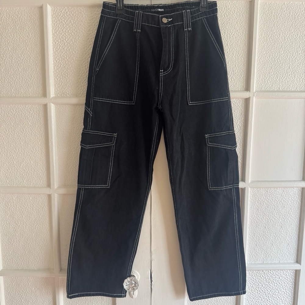 Fashion nova black  Cargo Jean Pants with Contrast Stitching 7